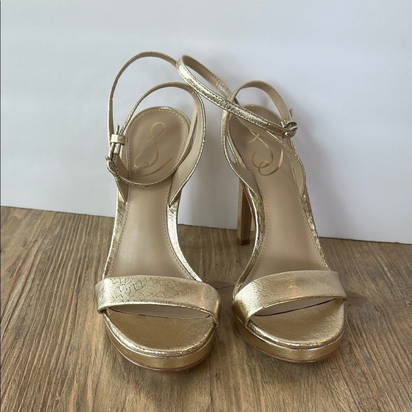 Sam Edelman Jade Gold Rounded Open Toe Stiletto Heeled Ankle Strap | 9 - Picture 2 of 6